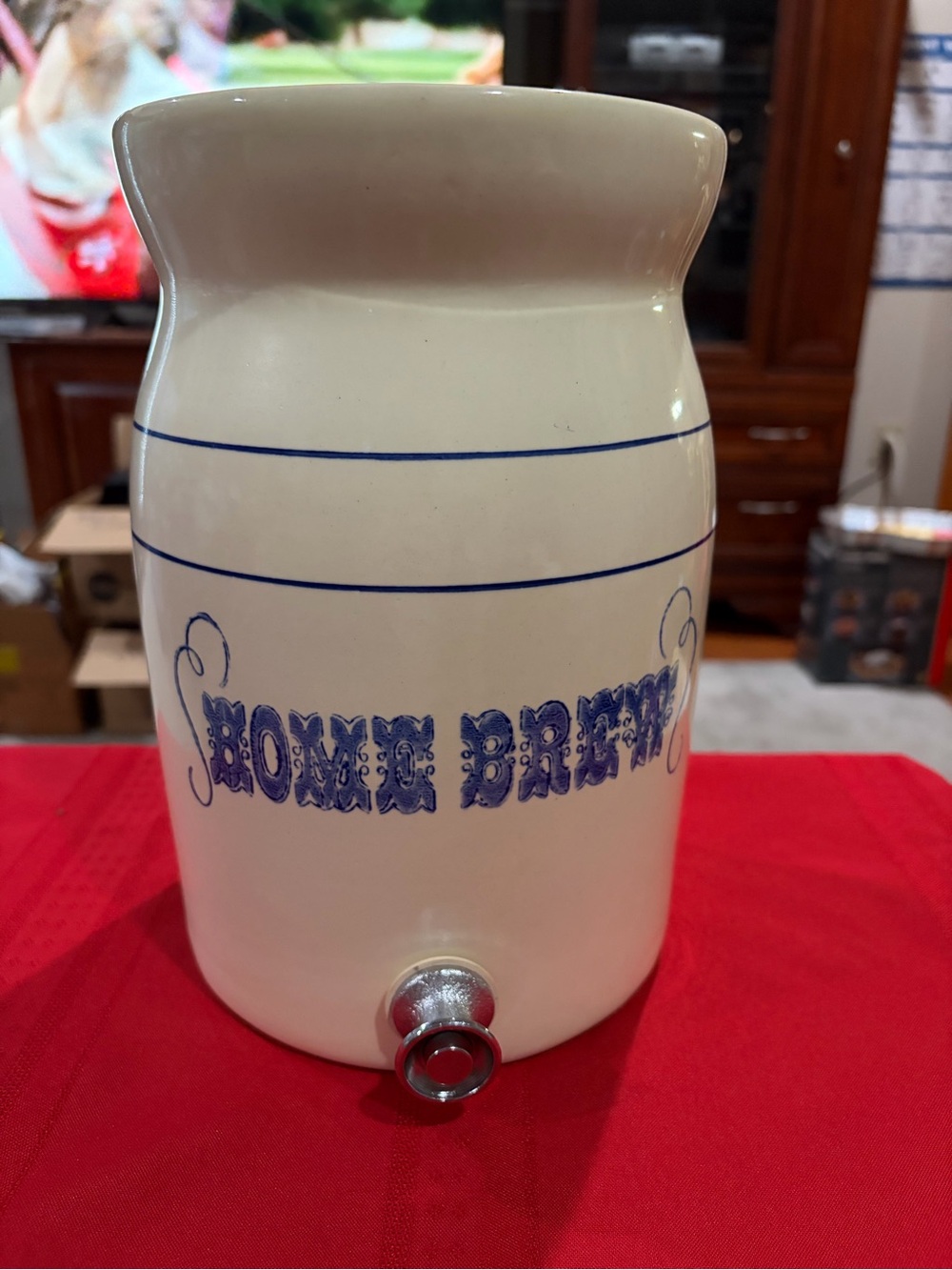 Ceramic Home Brew Beverage Dispenser - Cream with Blue Lettering